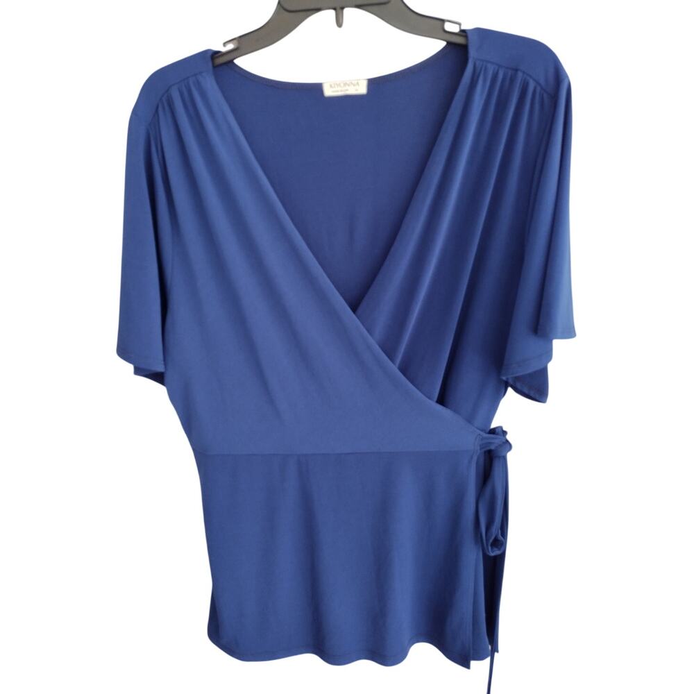 Kiyonna Blue Surplice V-Neck Short Flutter Sleeve True Wrap Top Women's 3X